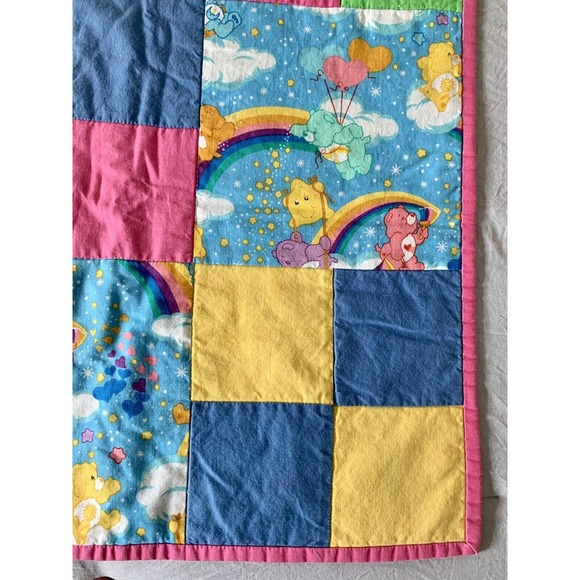 Unbranded Other - Care Bears Rainbow Clouds Striped Crib Blanket Baby Quilt Handmade 36" x 37"